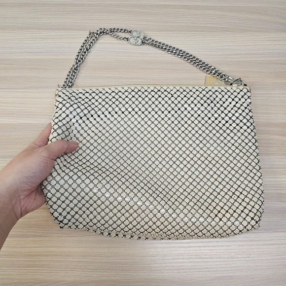 Vintage Metal Mesh Clutch Purse Silver Gold Chain Strap Cream Cocktail Bag Glam